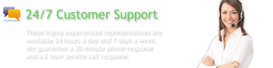 These highly experienced representatives are available 24 hours a day and 7 days a week. We guarantee a 20 minute phone response
			and a 2 hour service call response.